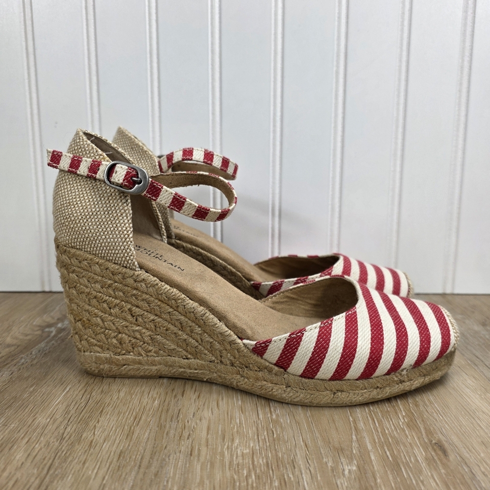 White Mountain Striped Red Espadrille Wedge Sandals